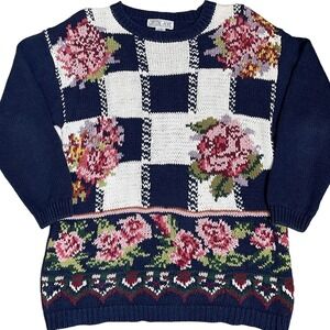 Vintage Crystal Kobe Navy Floral Checkered Chunky Knit Sweater L 90s Cottagecore